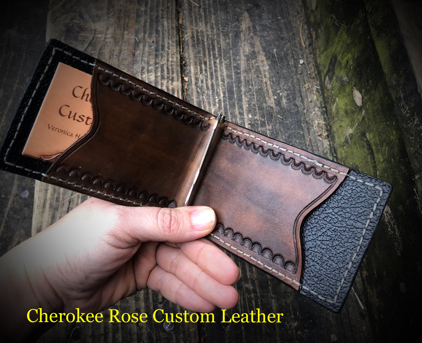 Custom Tooled Leather Money Clip Wallet with Interior Pockets
