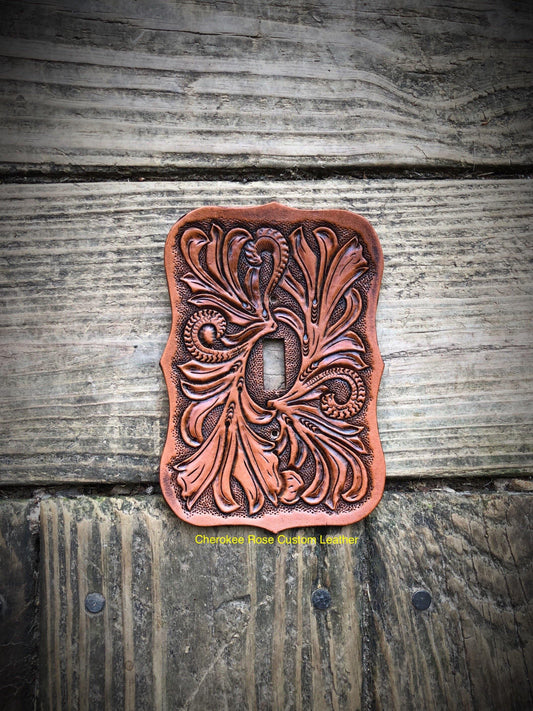 Medium Tan Single Leather Switch Plate Cover - Peyote Rose