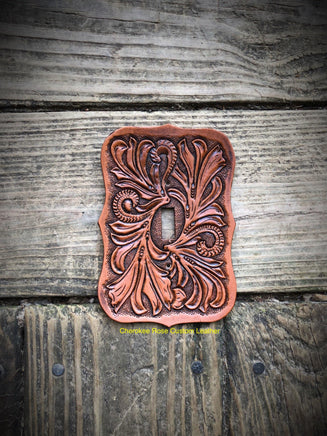 Medium Tan Single Leather Switch Plate Cover - Peyote Rose