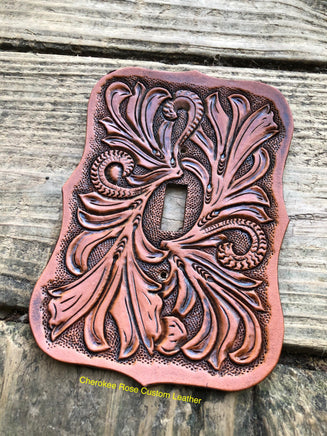 Medium Tan Single Leather Switch Plate Cover - Peyote Rose