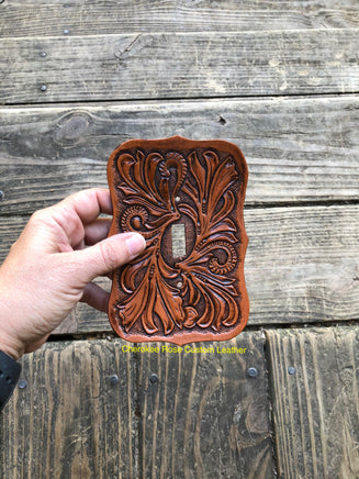 Medium Tan Single Leather Switch Plate Cover - Peyote Rose