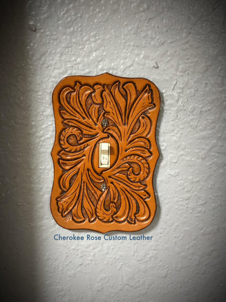 Traditional Floral Carved Tan Single Leather Light Switch Cover - Peyote Rose