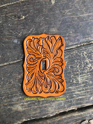 Traditional Floral Carved Tan Single Leather Light Switch Cover - Peyote Rose