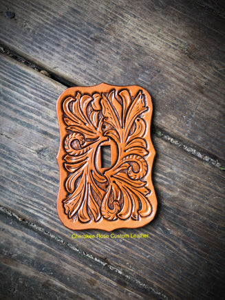 Traditional Floral Carved Tan Single Leather Light Switch Cover - Peyote Rose
