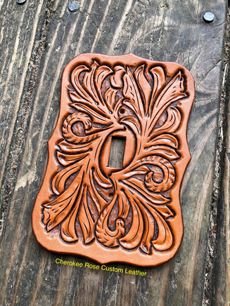 Traditional Floral Carved Tan Single Leather Light Switch Cover - Peyote Rose