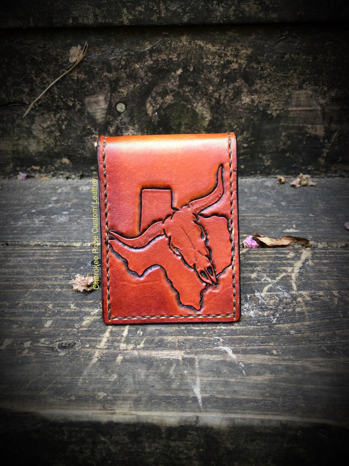 Custom Tooled Leather Money Clip Wallet with Interior Pockets