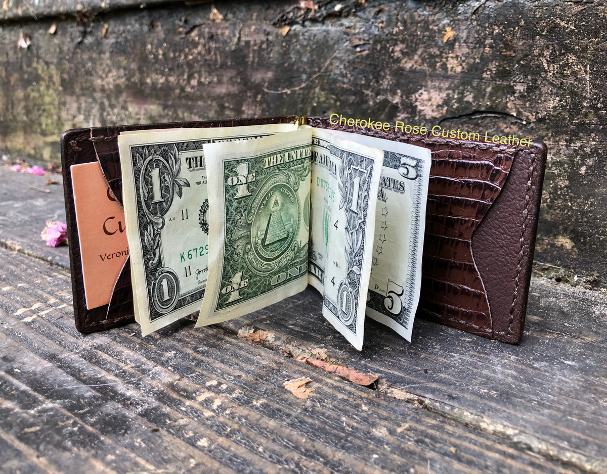 Custom Tooled Leather Money Clip Wallet with Interior Pockets