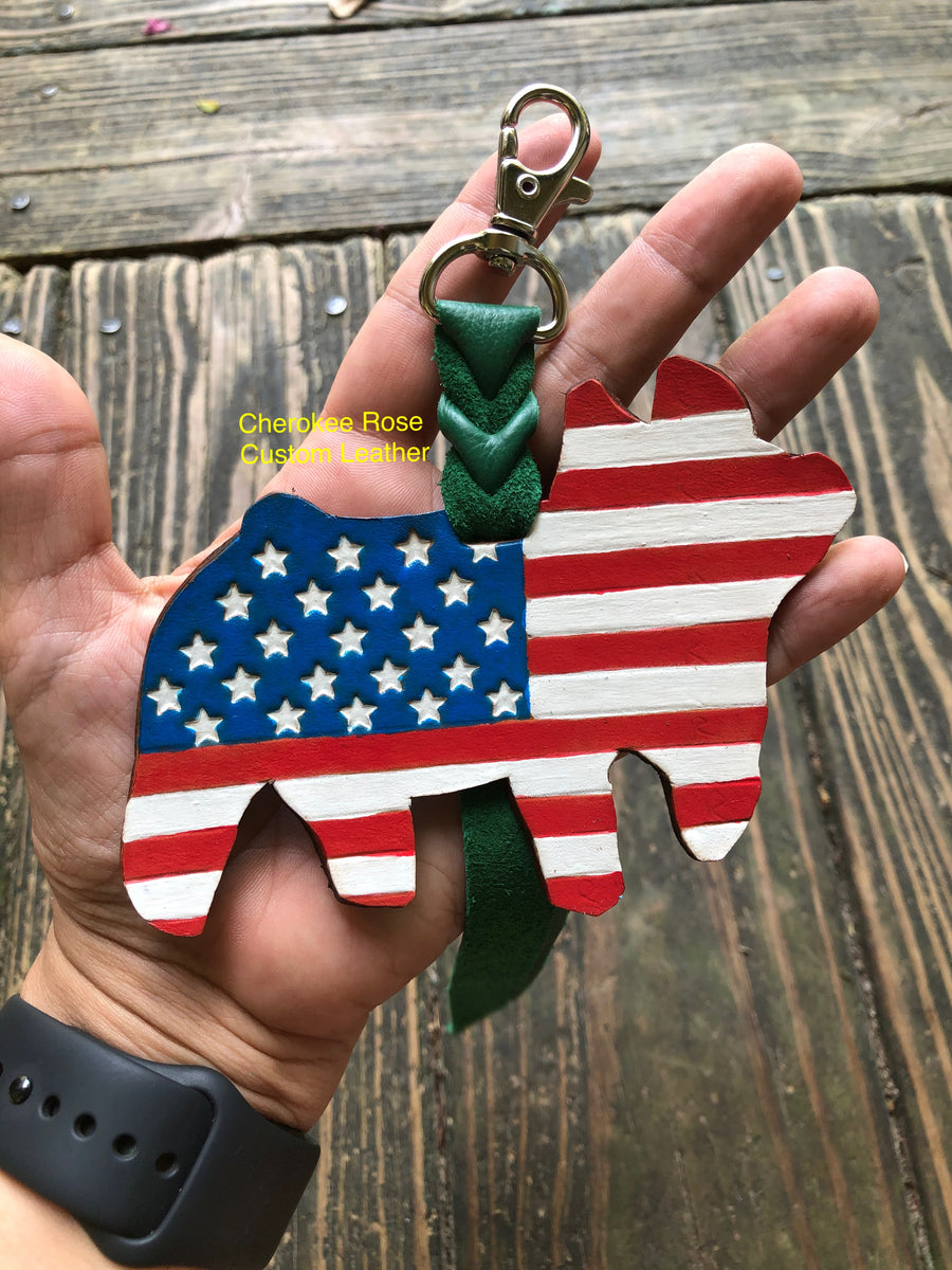 Hand Painted USA Flag Show Hog Key Chain| Cherokee Rose Custom Leather