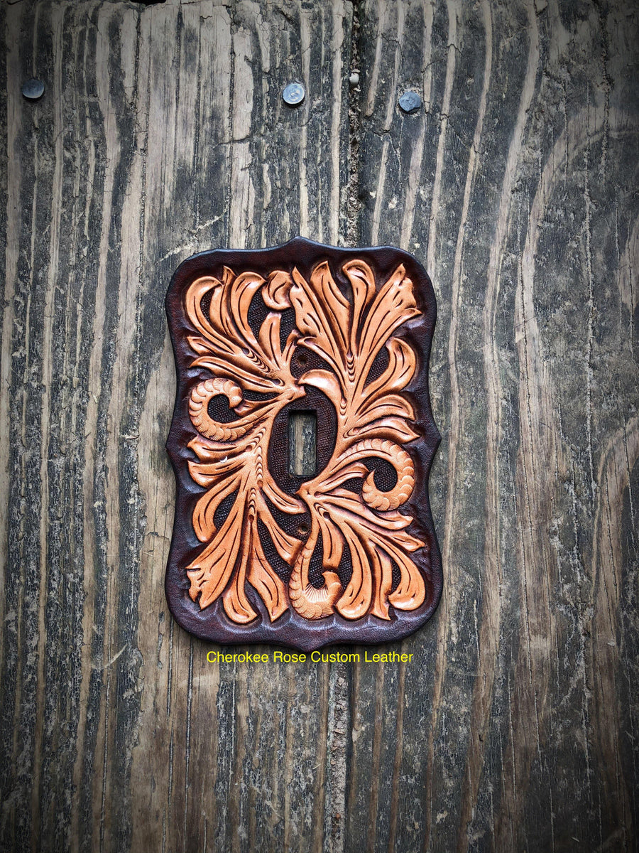 Dark Brown Traditional Floral Carved Leather Single Light Switch Cover ...