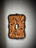 Dark Brown Traditional Floral Carved Leather Single Light Switch Cover - Peyote Rose