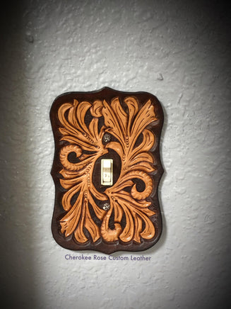 Dark Brown Traditional Floral Carved Leather Single Light Switch Cover - Peyote Rose