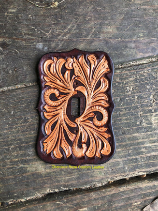 Dark Brown Traditional Floral Carved Leather Single Light Switch Cover - Peyote Rose