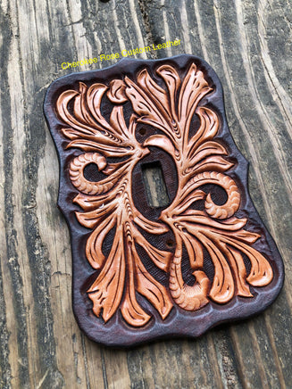 Dark Brown Traditional Floral Carved Leather Single Light Switch Cover - Peyote Rose