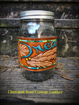 Dream Catcher Carved Leather Mason Jar Cozie - Peyote Rose