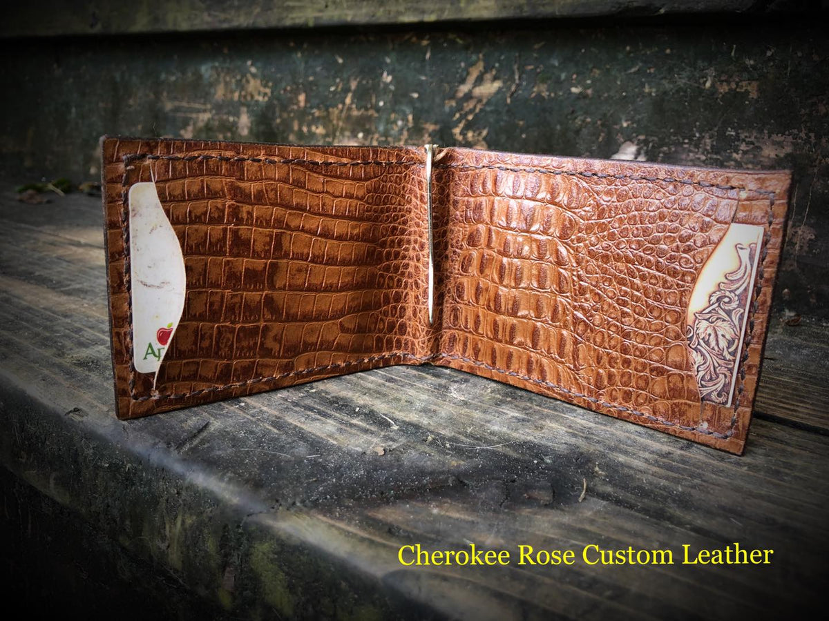 Custom Tooled Leather Money Clip Wallet with Interior Pockets