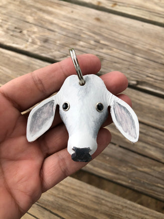 Hand Painted Gray Brahma Cow Leather Keychain