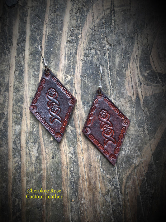 Diamond Floral Stamped Leather Earrings - Peyote Rose