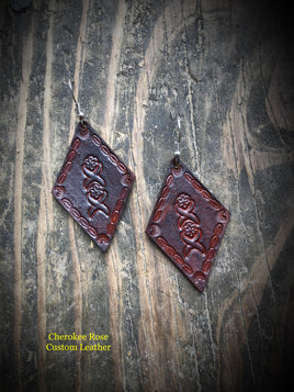 Diamond Floral Stamped Leather Earrings - Peyote Rose