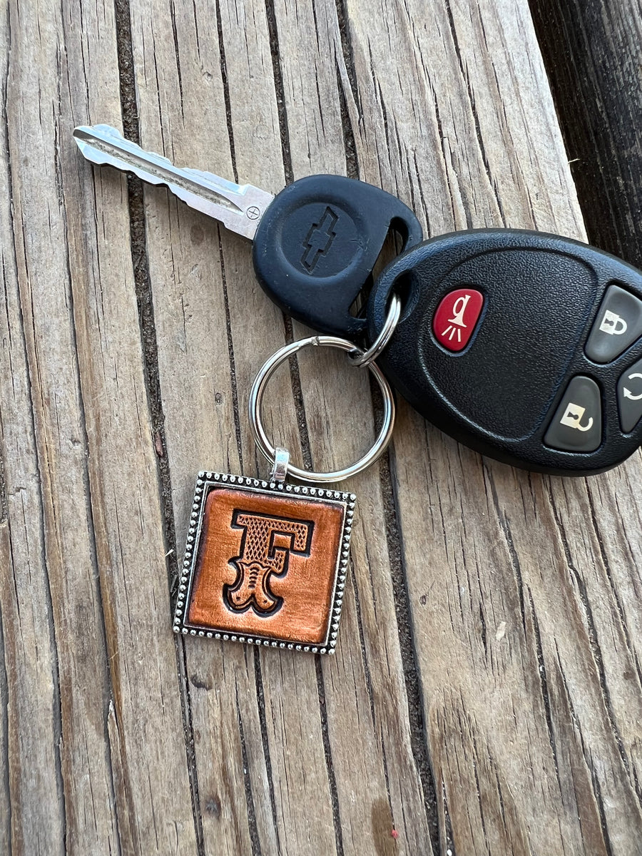 Western Block Initial 'F' Leather Keychain| Cherokee Rose Custom Leather