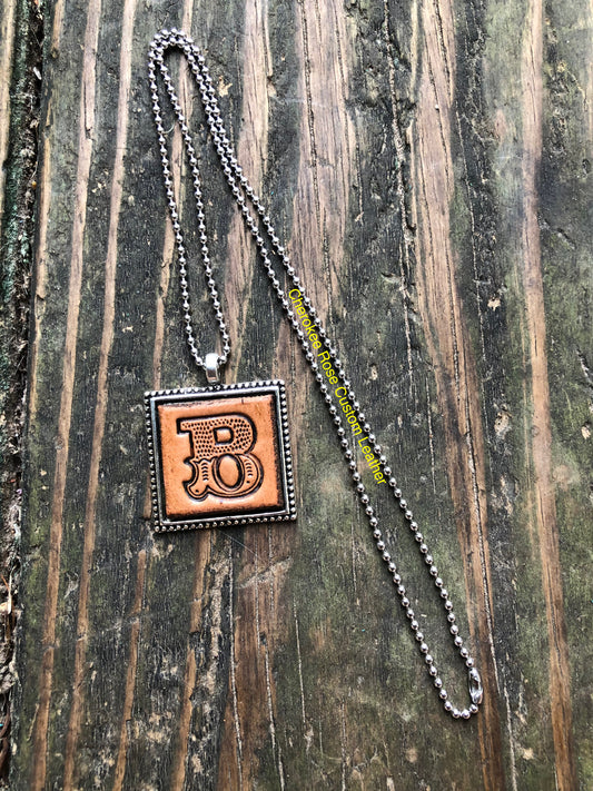 Western Block Letter 'B' Initial Leather Pendant Necklace