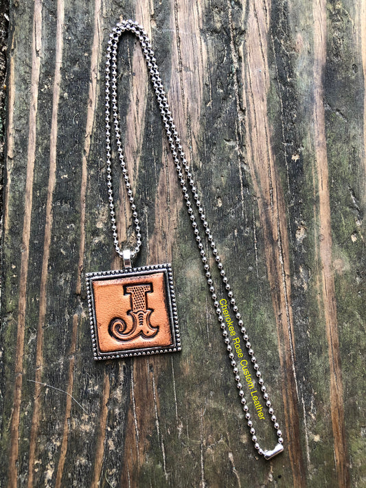 Western Block Letter 'J' Initial Leather Pendant Necklace