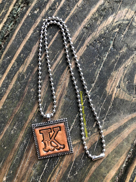 Western Block Letter 'K' Initial Leather Pendant Necklace
