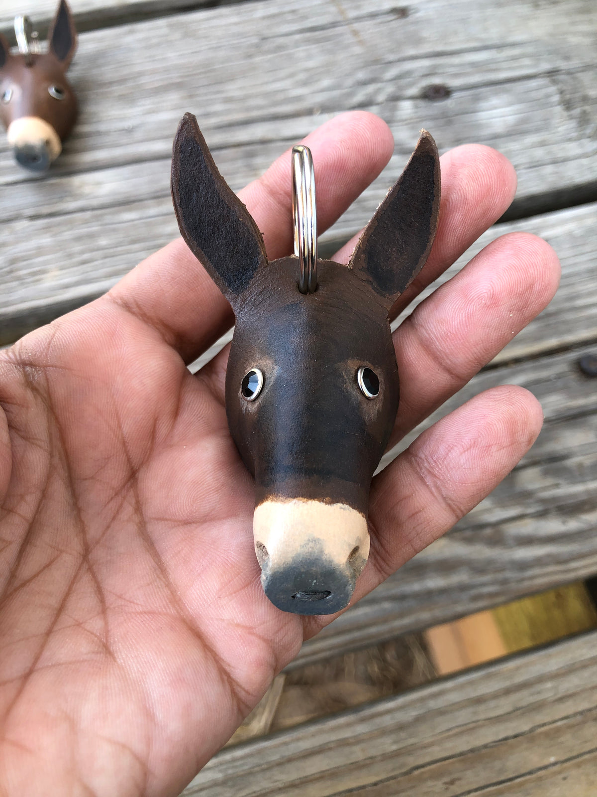 Hand Painted Longear Mule Head Leather Keychain
