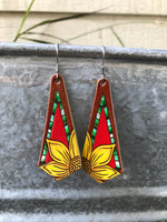 Painted Sunflower Leather Dangle Earrings