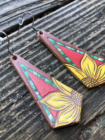 Painted Sunflower Leather Dangle Earrings