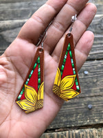 Painted Sunflower Leather Dangle Earrings