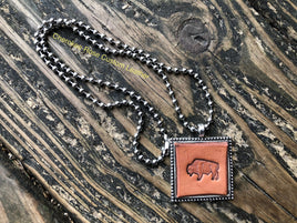 Tribal Bufffalo Stamped Leather Pendant Necklace