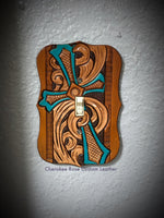Turquoise Painted Cross Single Leather Light Switch Cover - Peyote Rose