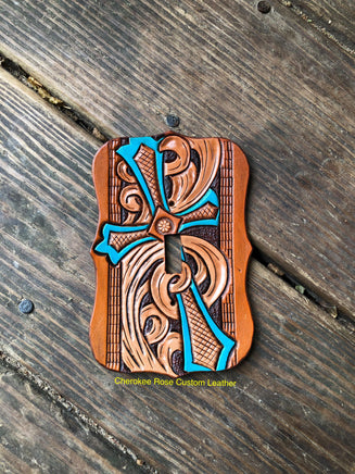 Turquoise Painted Cross Single Leather Light Switch Cover - Peyote Rose