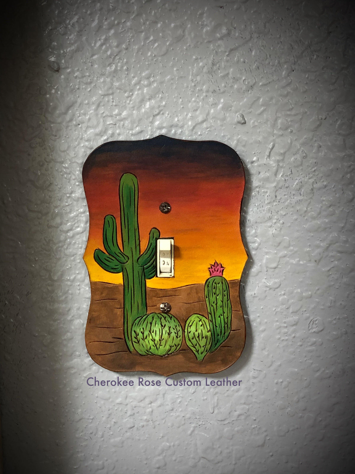 Hand Painted Desert Sunset Single Leather Light Switch Cover - Peyote Rose