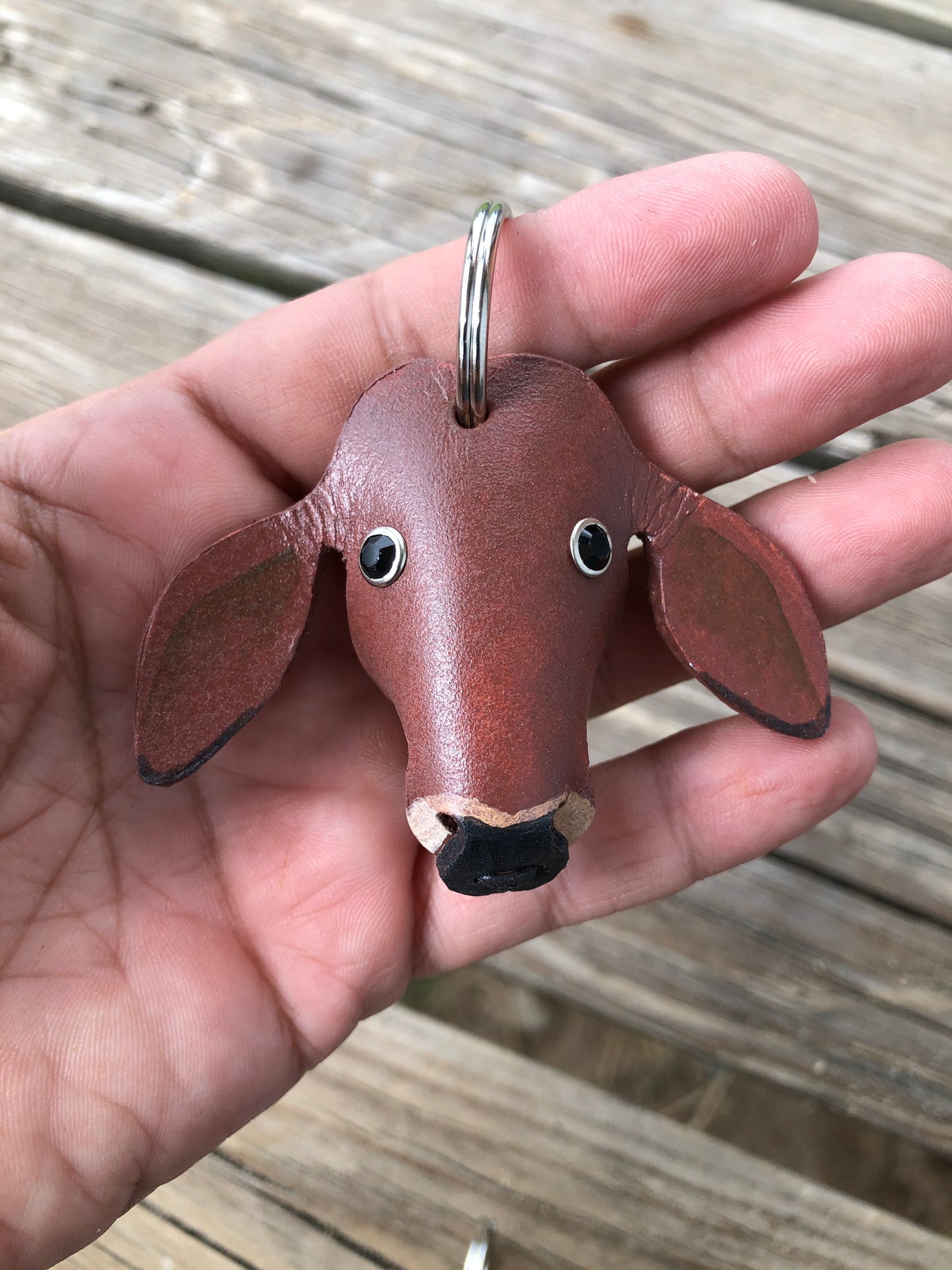 Hand Painted Red Brahma Cow Leather Keychain