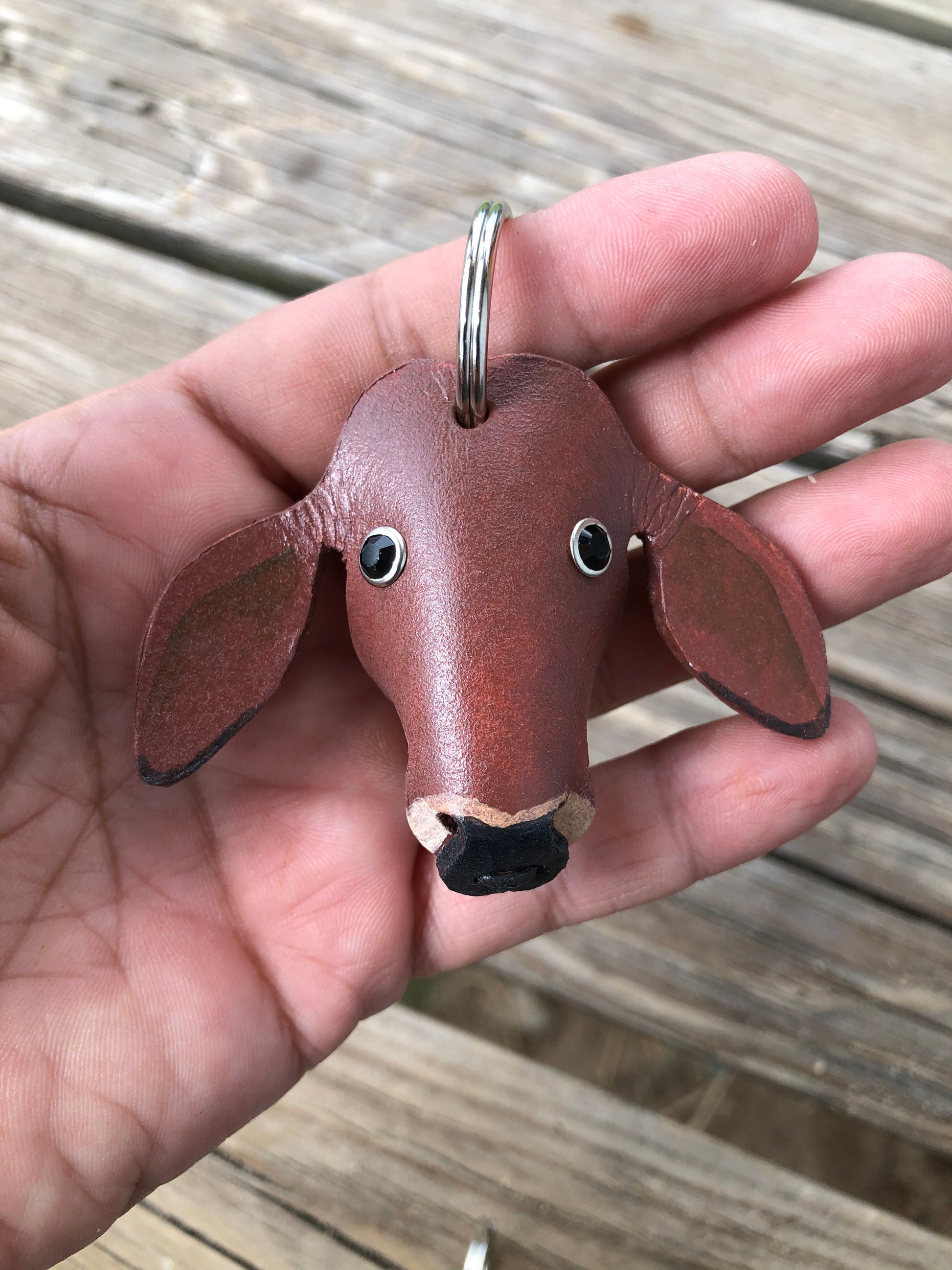 Hand Painted Red Brahma Cow Leather Keychain