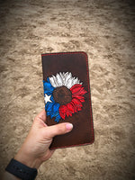 Red, White and Blue Painted Sunflower Ladies Long Card Wallet