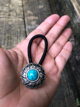 Turquoise Feather Round Concho Hair Tie - Peyote Rose