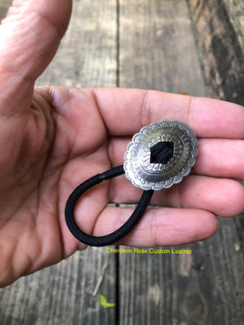 Small Antiqued Silver Slotted Concho Hair Tie - Peyote Rose