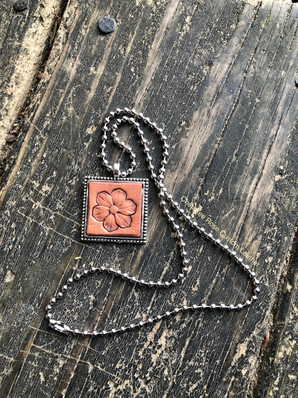 Stamped Flower Leather Pendant Necklace