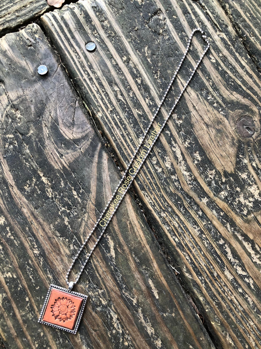 Stamped Sunflower Leather Pendant Necklace