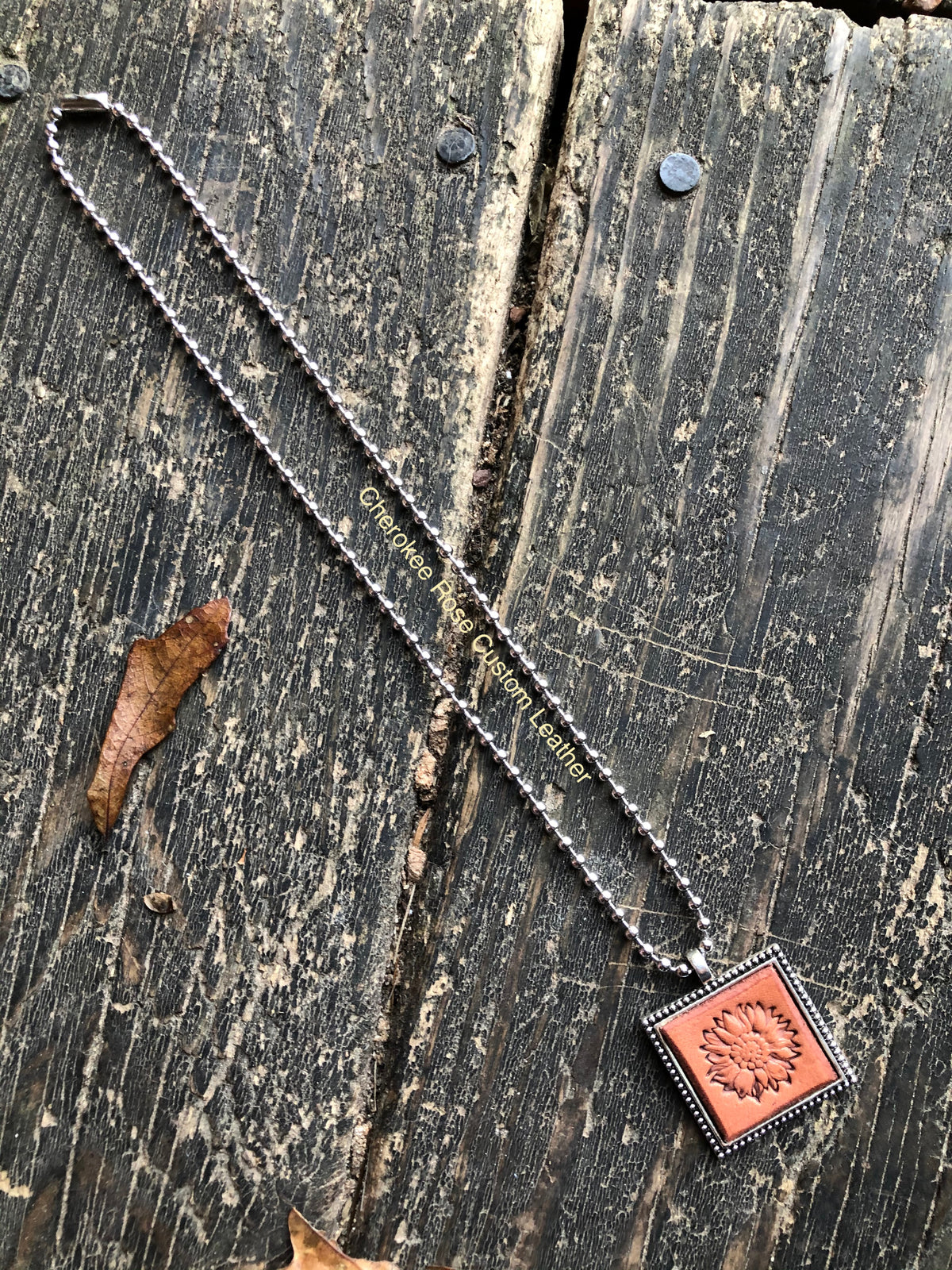 Stamped Sunflower Leather Pendant Necklace