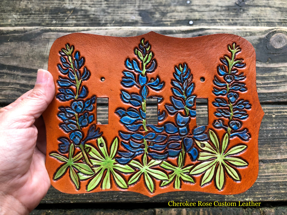 Hand Painted Texas Bluebonnets 3 Switch Light Switch Cover - Peyote Rose